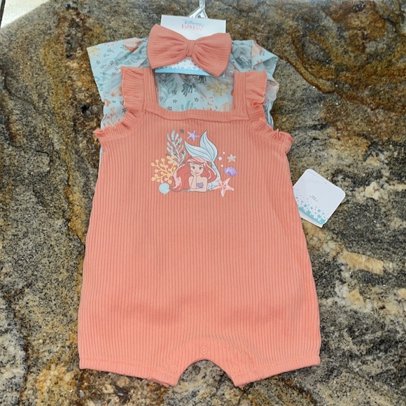 Disney 3pc Romper Bow Little Mermaid set - Picture 1 of 14